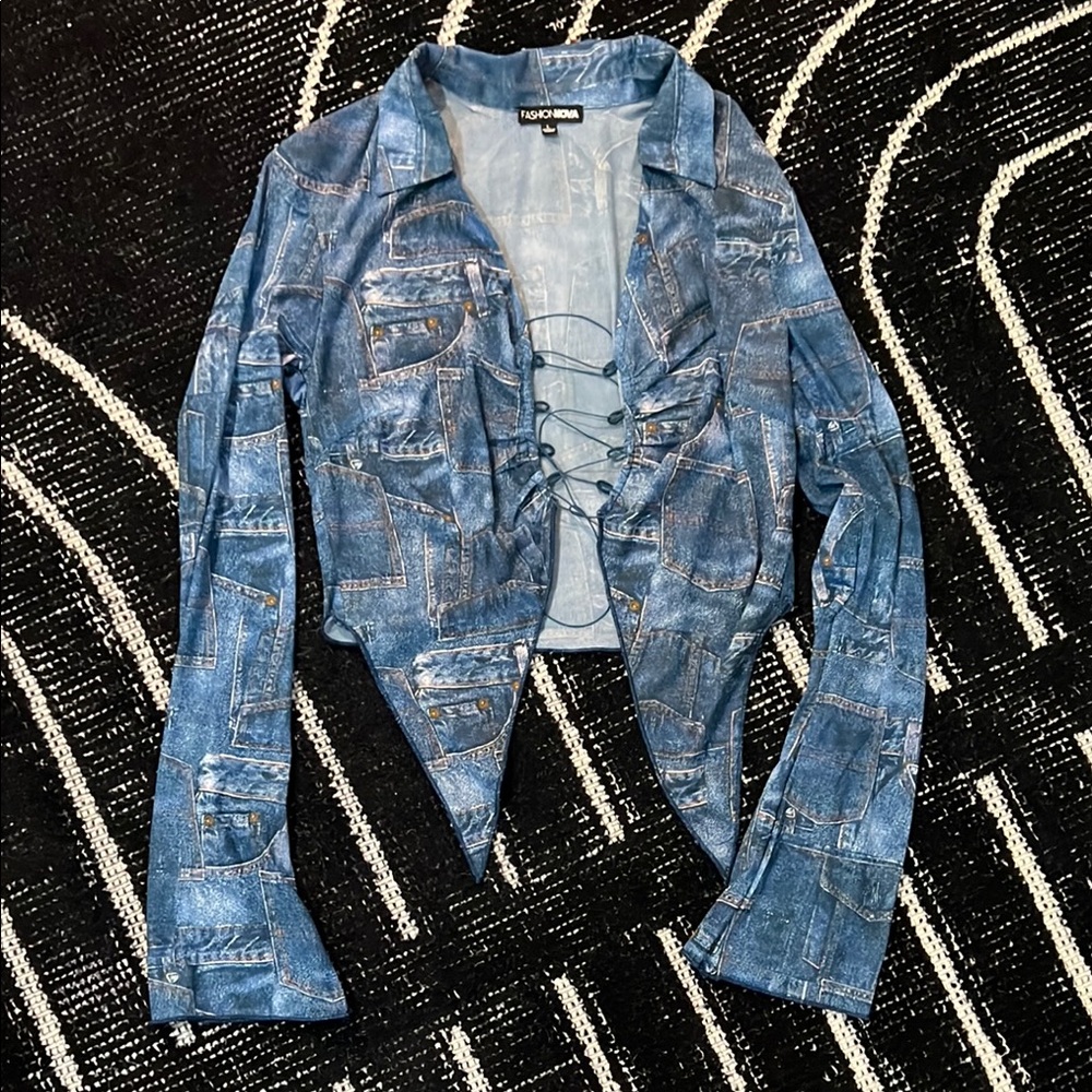 Fashion Nova, Semi Sheer Faux Blue Denim Blouse